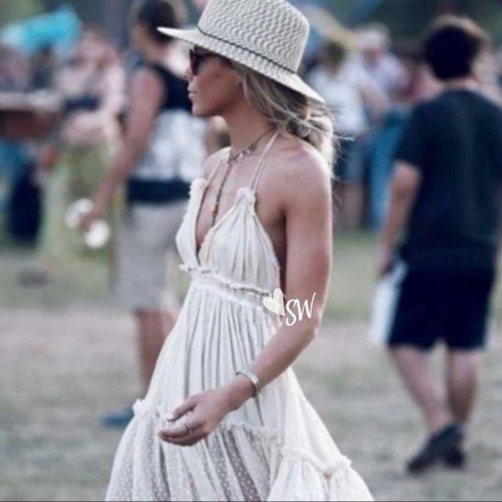 Boho Backless Swiss Dot Mini Dress Cream - Picture 2 of 6